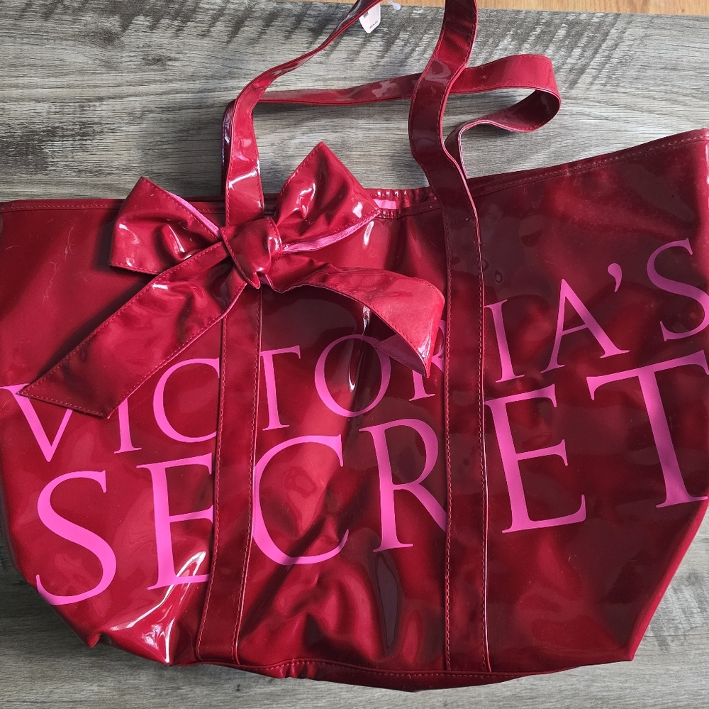 Victoria's Secret Glossy Red Tote with Pink Accents